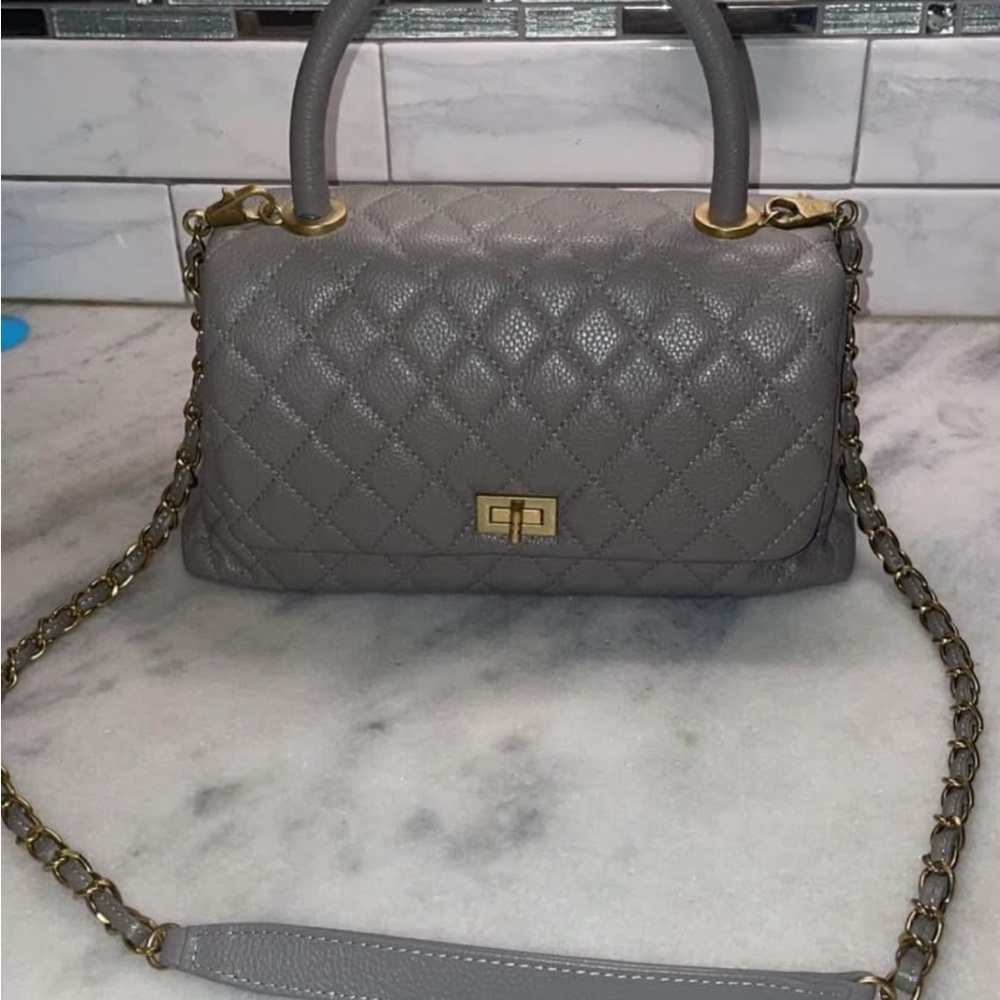 Elegant Gray Quilted Crossbody Bag with Gold Accents